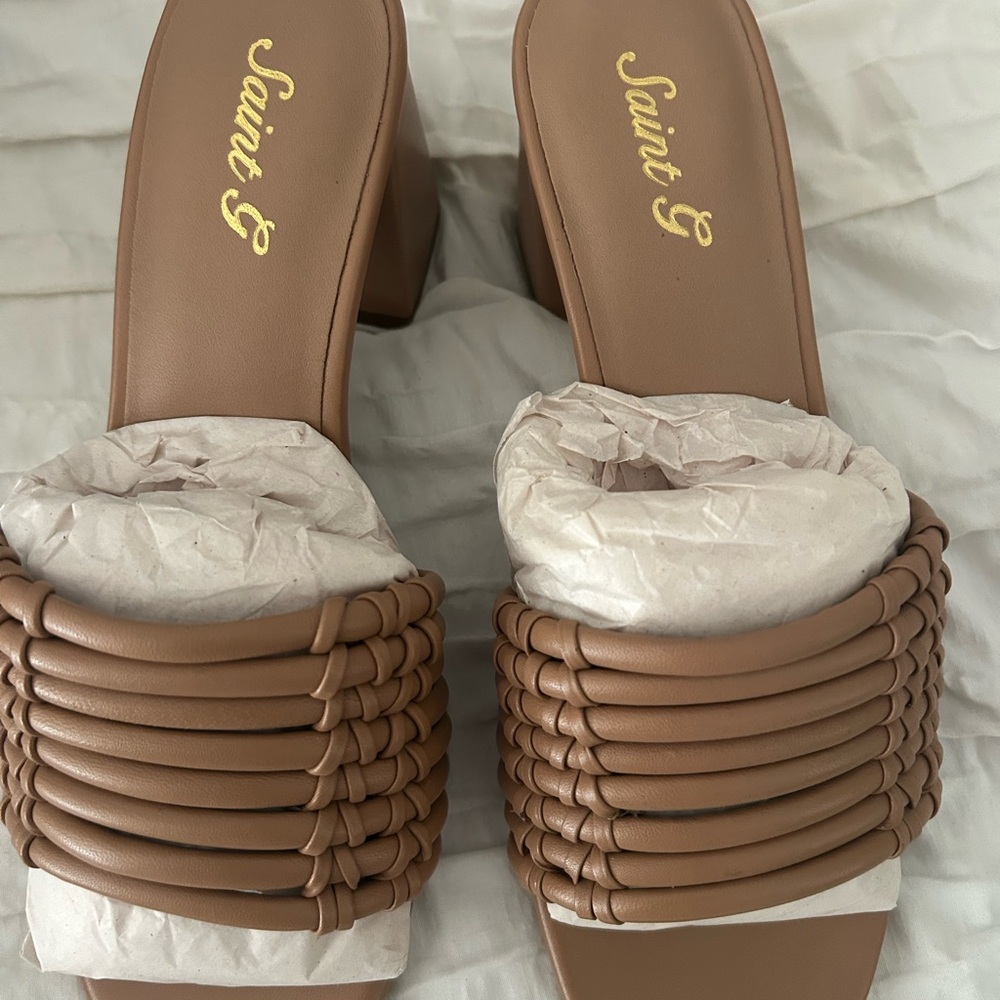 Saint G Bethany Women's Tan Woven Heeled Sandals Size EU 37